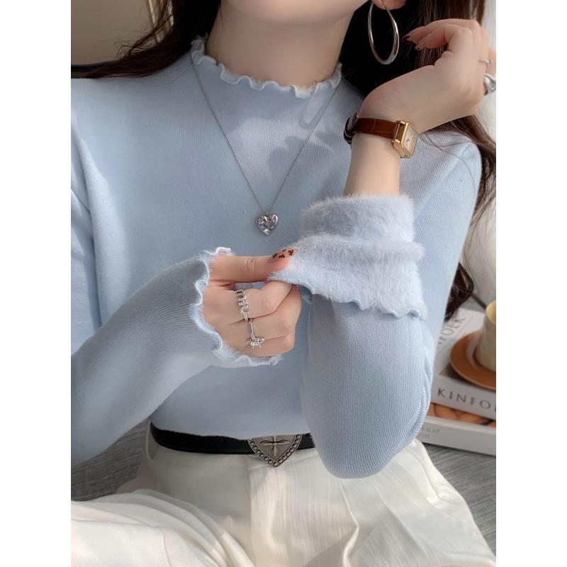 Spring and Autumn New Wooden Ear Edge Semi-turtleneck Sweater Knitted Sweater Top Women's Outer Wear Inner Bottoming Shirt