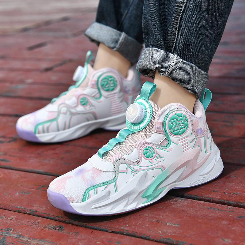 Net Shoes Spring and Autumn Actual Combat Boys Basketball Shoes Rotating Button Training Sneakers Running Shoes 6-12 Years Old