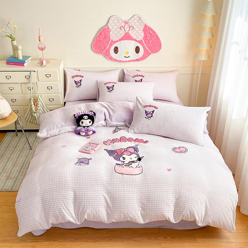 Cat Thickened Milk Fleece Four-Piece Set Cartoon Sticker Embroidered Fleece Quilt Cover Student Three-Piece Set