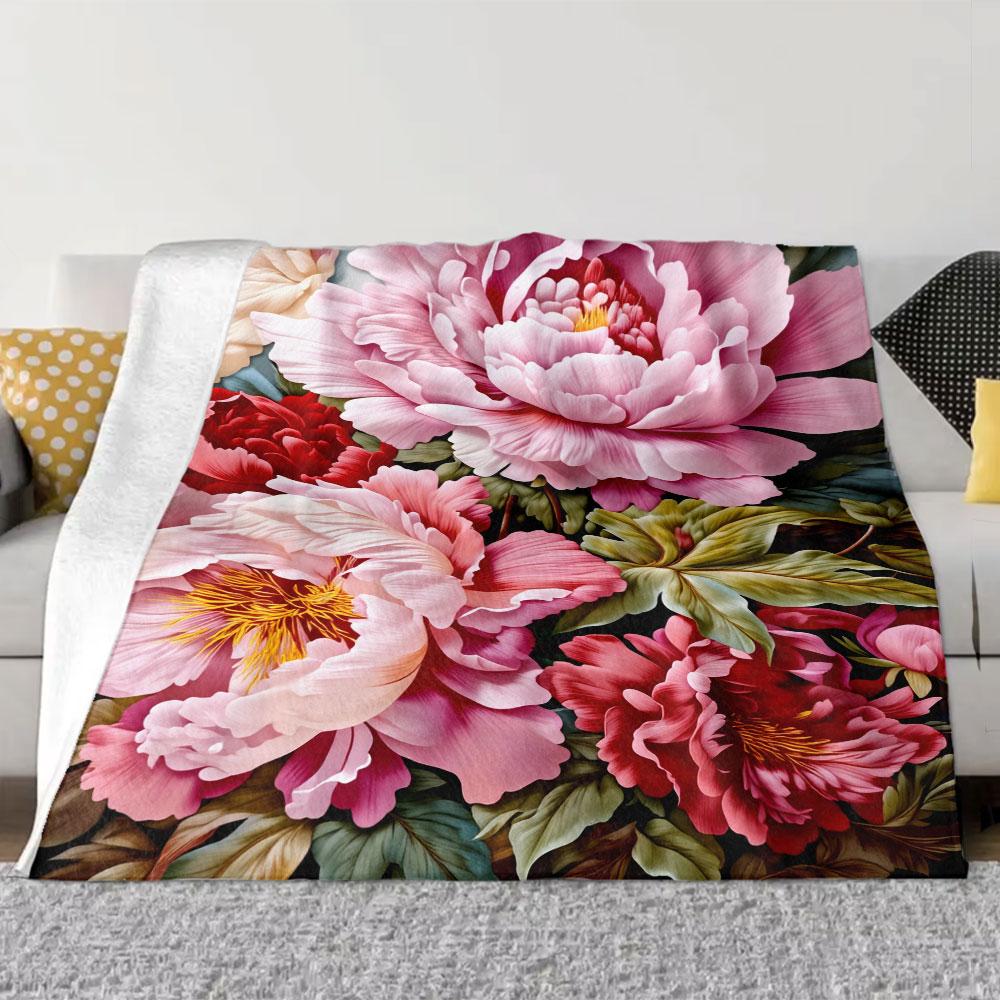 Peony Blush & Red Floral Throw Blanket - Soft, Lush Textured Design with Pink/Red Peonies, Golden-Yellow Stamens, Green Leaves -