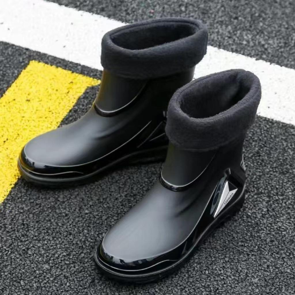 Winter Warm Fur Rain Boots Men's Waterproof Drawstring Shoes Non-Slip Flat Fashion Take Out Rider Autumn Summer Spring Black Red