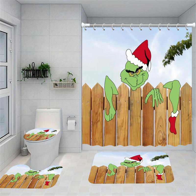 Christmas Series Shower Curtain Digital Printing Bathroom Shower Curtain Four-Piece Polyester Shower Curtain