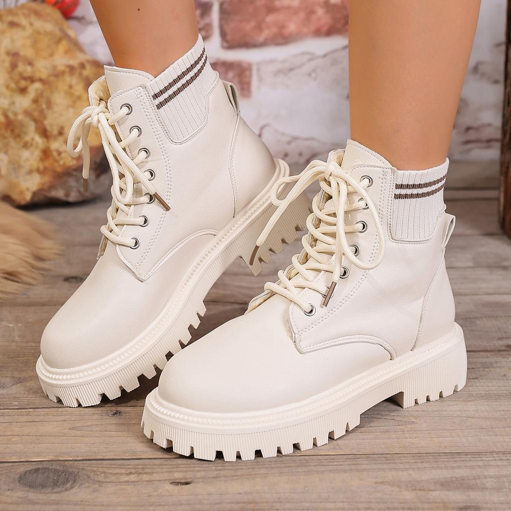 Women Boots Winter Warm Short Plush Ankle Boots Women Fashion Lace Up Platform Shoes For Woman Comfy Low Heels Leather Shoes
