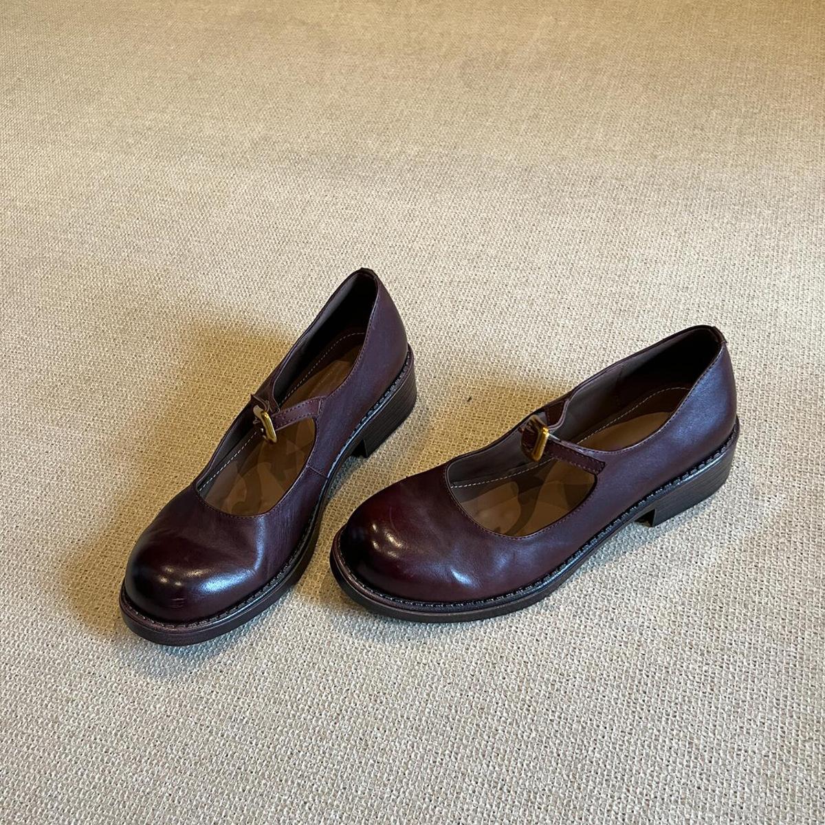 

Натуральная кожа ~ Ретро-круглые туфли в британском стиле с туфлями Мэри Джейн Женские туфли из натуральной кожи с толстым каблуком Светлые туфли-лодочки 39 темно-красного