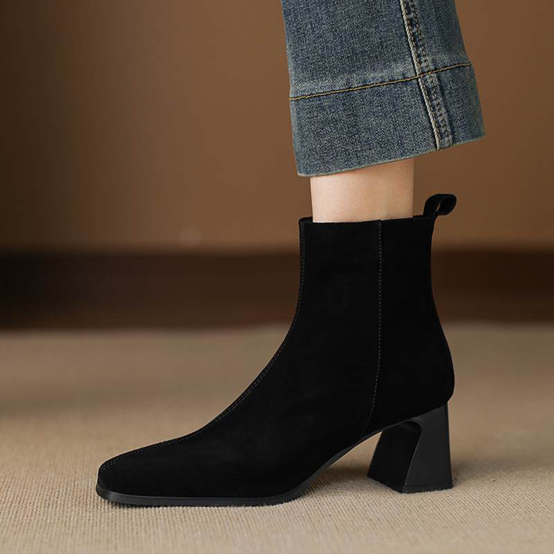 Krazing Pot Cow Suede Nubuck Winter Square Toe Modern Boots Thick High Heels Zipper Women Ankle Boots