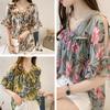 Frauen gedruckt schulterfrei V-Ausschnitt Chiffon lose Bluse Vintage süße Pagode Ärmel Tops