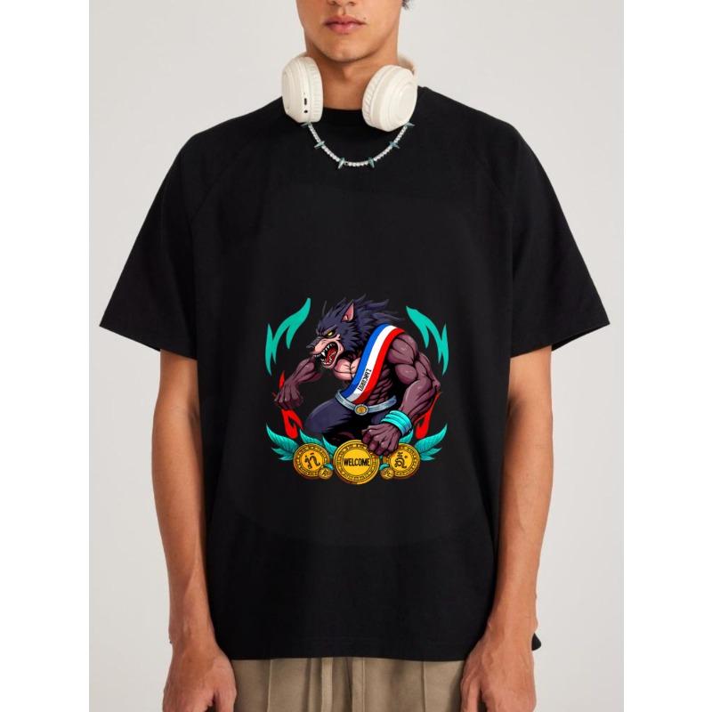 White T Shirt Wolf Mascot with Medals and Welcome Text Casual Wear for Men