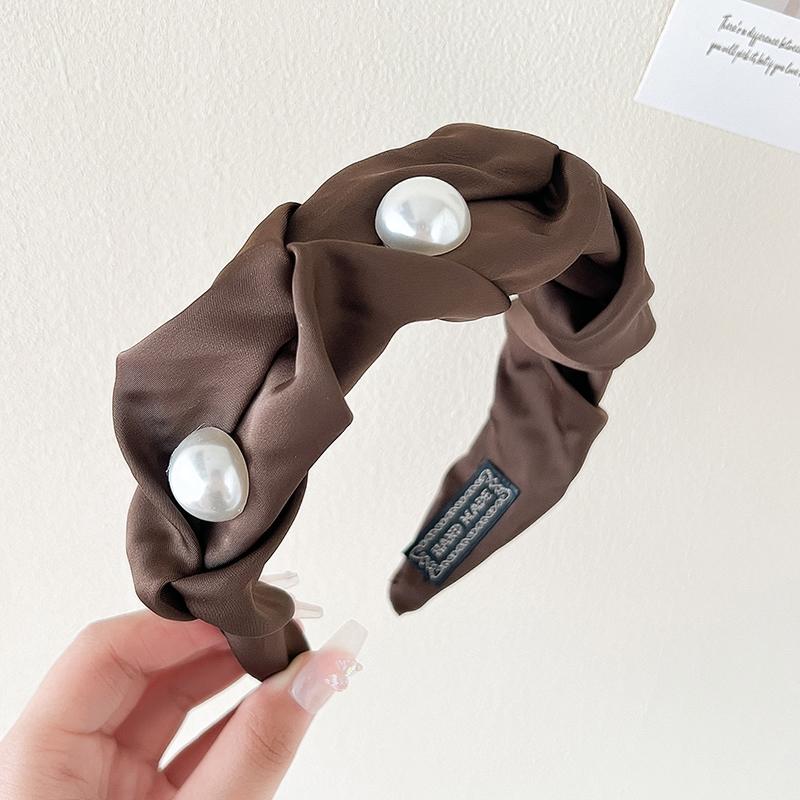 

Однотонная тканевая плиссированная повязка на голову с жемчугом для женщин, корейский элегантный стиль, темпераментная, уличная мода, аксессуары для волос для девочек