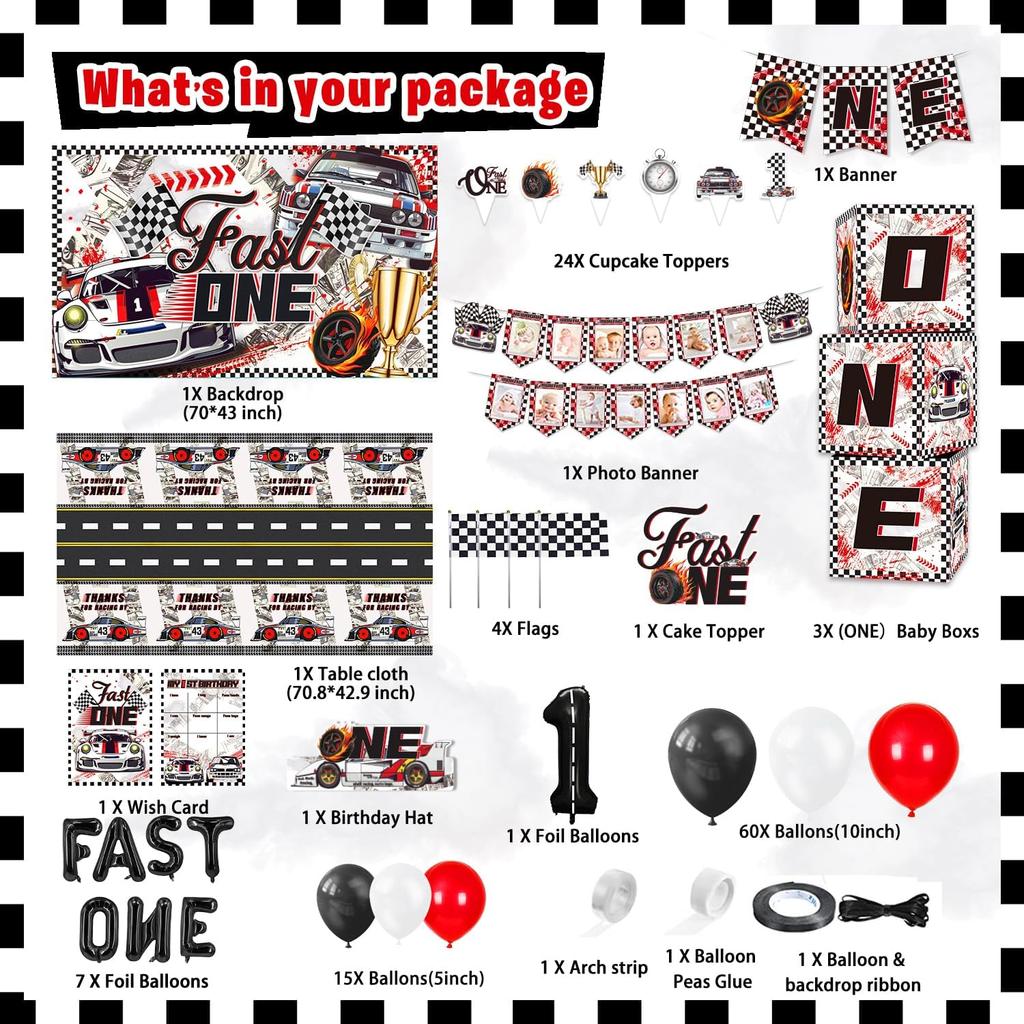 Fast One Birthday Decorations, 125 Pcs Race Car First 1st Birthday Party Supplies for Boys Baby - Banner, Cake Toppers, Balloons, Tablecloth,