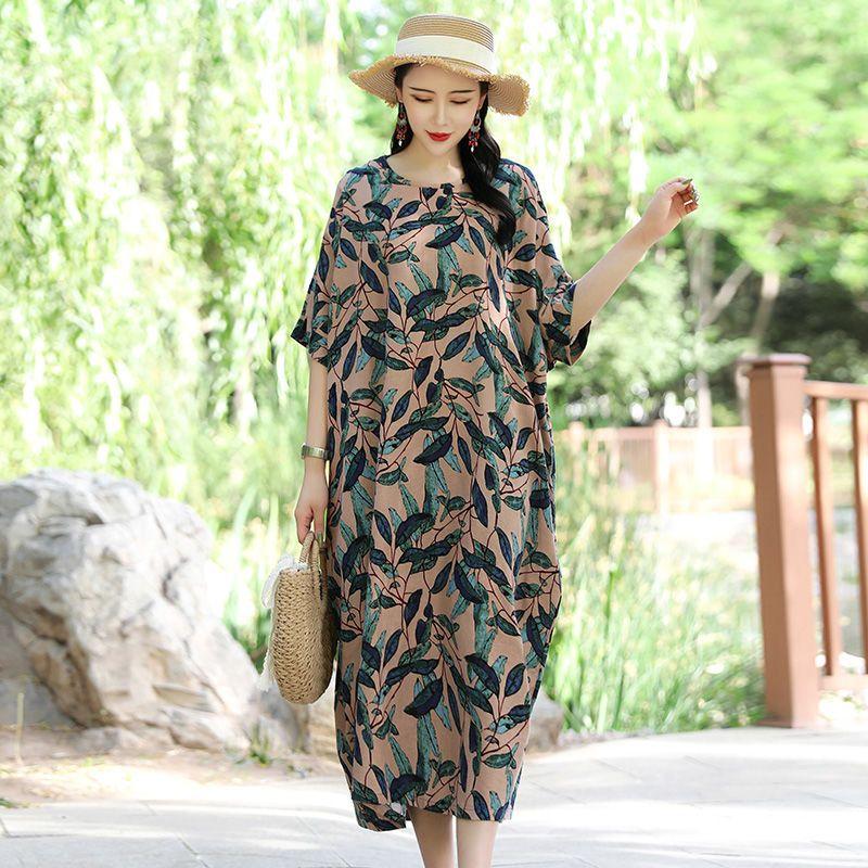 

Платье с цветочным принтом, женское летнее повседневное длинное платье с круглым вырезом и коротким рукавом, богемный пляжный сарафан, Vestidos XL