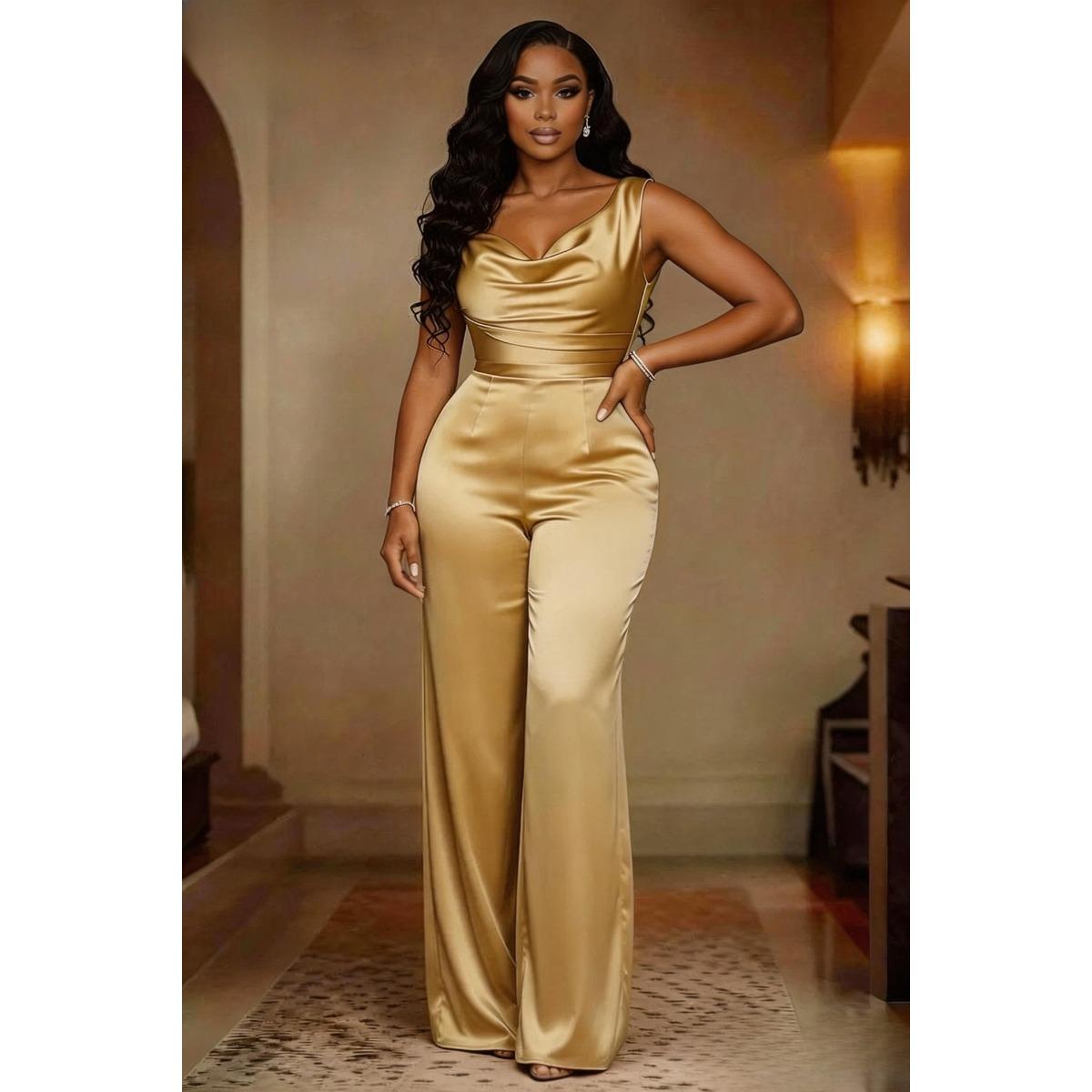 Women s Cowl Neck Sleeveless Jumpsuit Slim Fit High Waist Elegant Satin Wide Leg Pant S