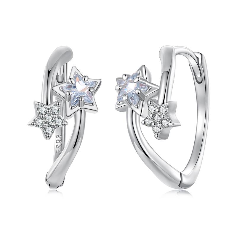 WOSTU 925 Sterling Silver Double Star Shiny Zircon Hoop Earrings For Women Valentine Jewelry Gift Daily Praty Wear Jewelry Gif