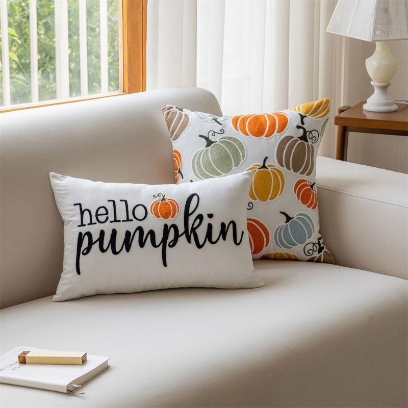 Cushion Cover Colorful Pumpkin Embroidery Cushion Case Throw Pillow Cover for Sofa and Bedroom Comfort, Poly Cotton