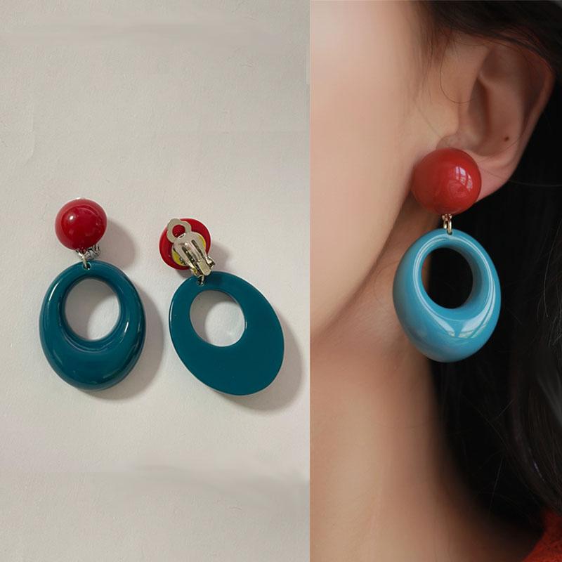 Tuiying-003 Jewelry & Bijouterie Women's Red/Blue Retro Oversized Round Acrylic Clip On Earrings Contrast No Piercing Statement Jewelry For Vacation