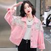 Women's Diamond-Studded Denim Jacket: Stylish, Loose Fit, Mesh-Spliced, Short Top for Early Spring 2022