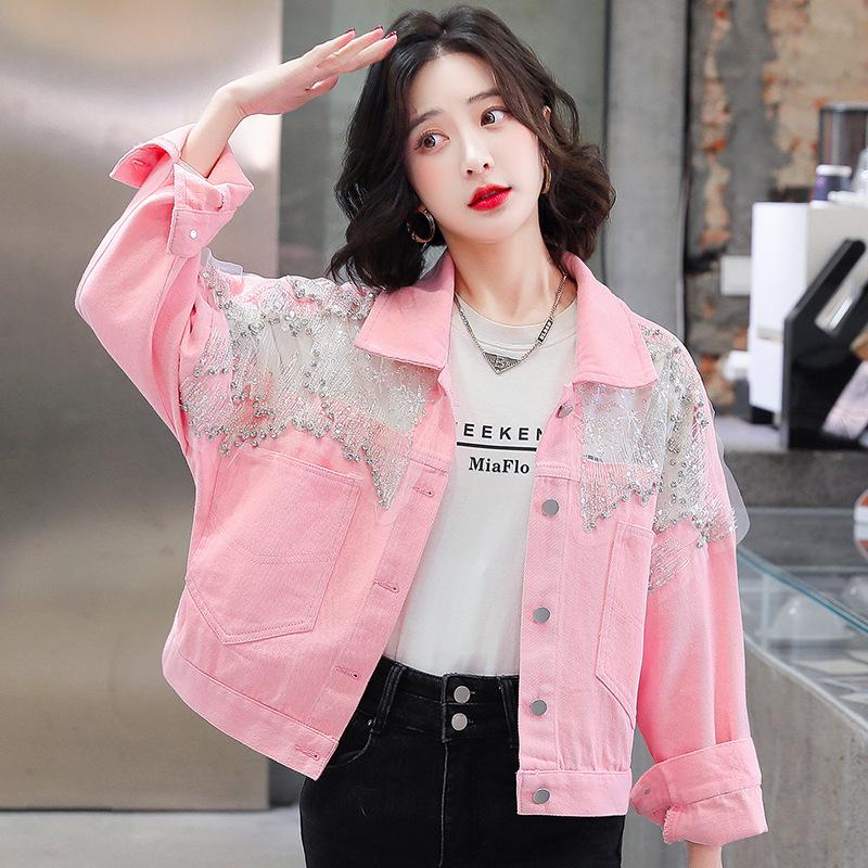 Women's Diamond-Studded Denim Jacket: Stylish, Loose Fit, Mesh-Spliced, Short Top for Early Spring 2022
