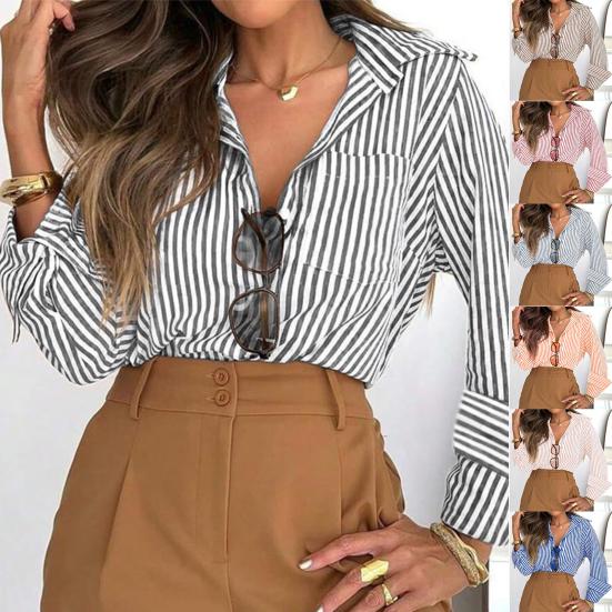 Women Shirt Lapel Long Sleeve Single Breasted Shirt Tops with Patch Pockets Striped Print Loose Fit Office Lady Casual Shirt