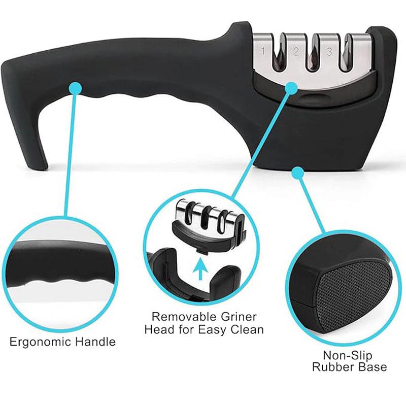 3 Duan Knife Sharpener Kitchen Multifunctional Hand-held Quick Sharpener Non-slip Base Cutting Tool 3 in 1 Kitchen Supply