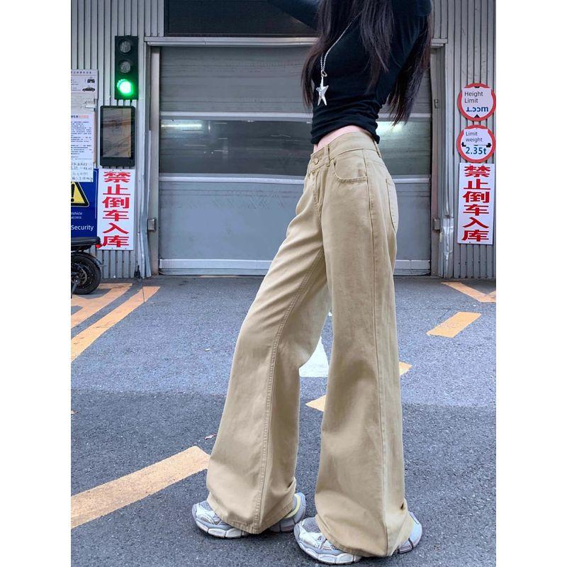 Kumikumi Retro Khaki Mid-Low Waist Bell-Bottom Pants Denim Women's Clothing Autumn Niche Style Chic Slimming Trousers