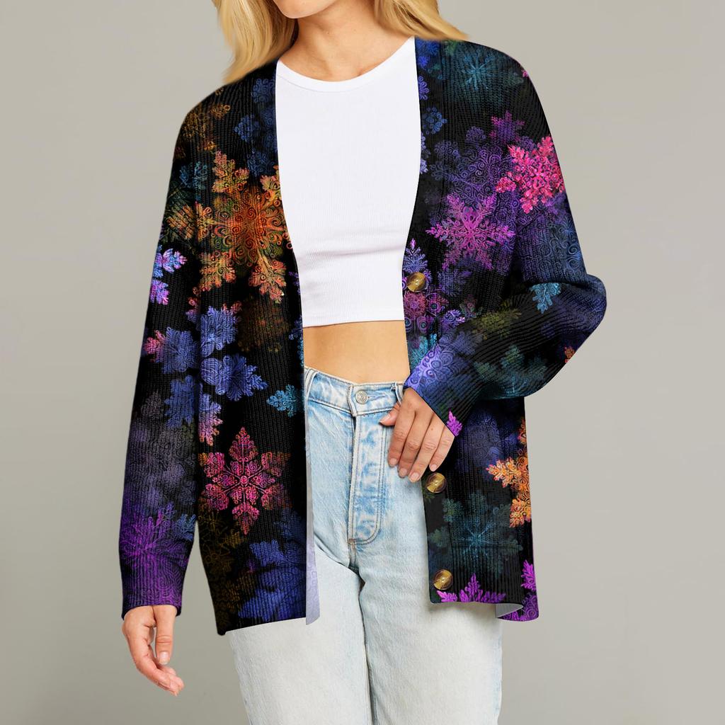 Women's Fashion Long Sleeve Print V-Neck Button Loose Cardigan Top