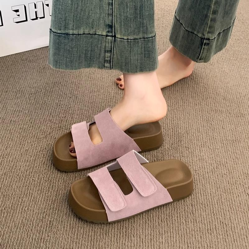 Super fire Velcro thick-soled slippers women's summer wear 2025 new one-word cool slippers small height-increasing sandals