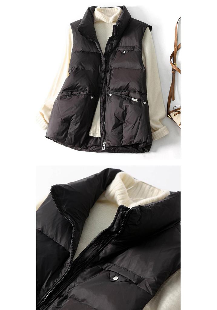 Women's Lightweight Stand Collar Down Vest with Rivet Pockets - Short, Warm, White Duck Down for Autumn/Winter 2023