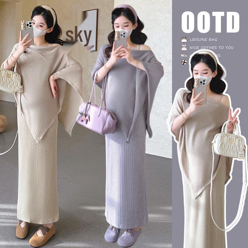 2026 Spring Slim Fit Irregular Knitted Maternity Dress & Shawl Set 2XL