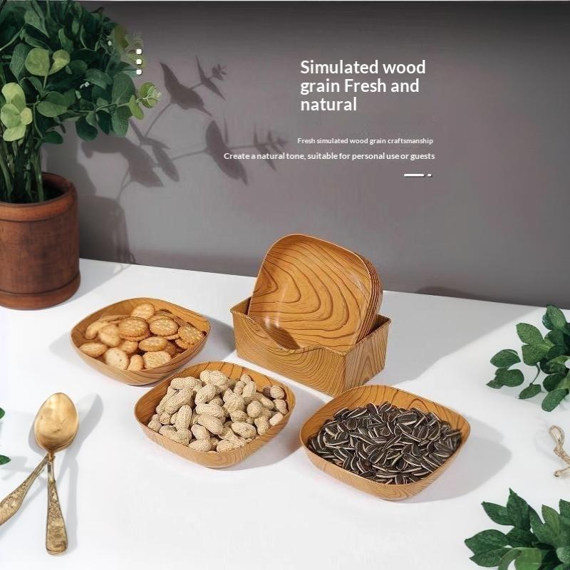 Imitation Wood Grain Plastic Square Plate Multi Purpose Food Fruit Snack Serving Tray Bone Dish For Kitchen Dining Table Decor