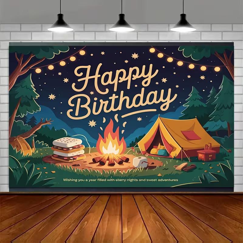 2D Cartoon Campfire Tent Birthday Backdrop Starry Night Outdoor Theme Party Decor Background