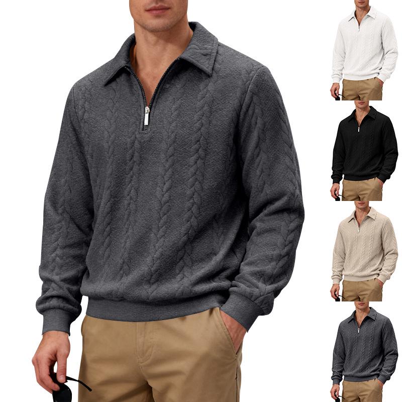 TikTok Men's Jacquard Polo Shirt: Casual Loose-Fit Hoodie with Lapel and Long Sleeves