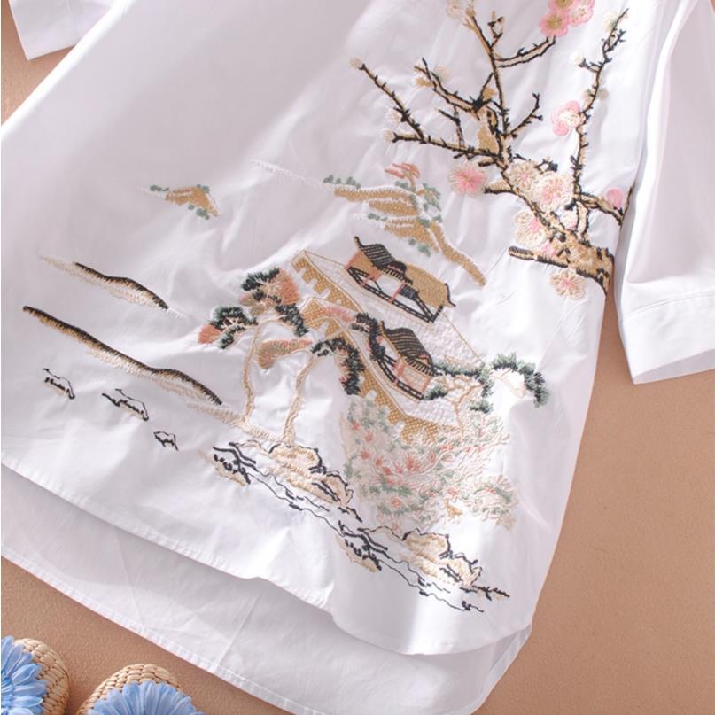 Embroidered Flower Ethnic Style Mid-length Pullover POLO Collar Shirt for Women Spring and Autumn Three-quarter Sleeve Shirt