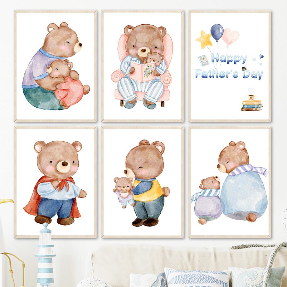 

Забавный детский медвежонок, подарок на день отца, воздушный шар, мультяшная настенная живопись на холсте, плакаты на скандинавскую тему и принты, настенные панно, декор для детской комнаты
