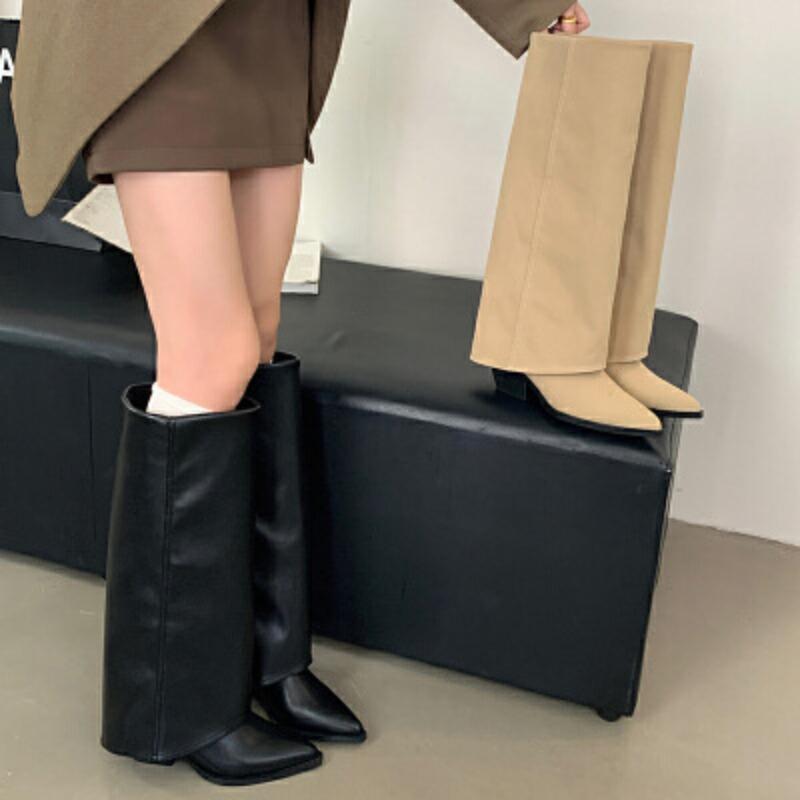 Pointed cowboy boots autumn new thin fashion versatile thick heel western boots but knee trouser tube boots
