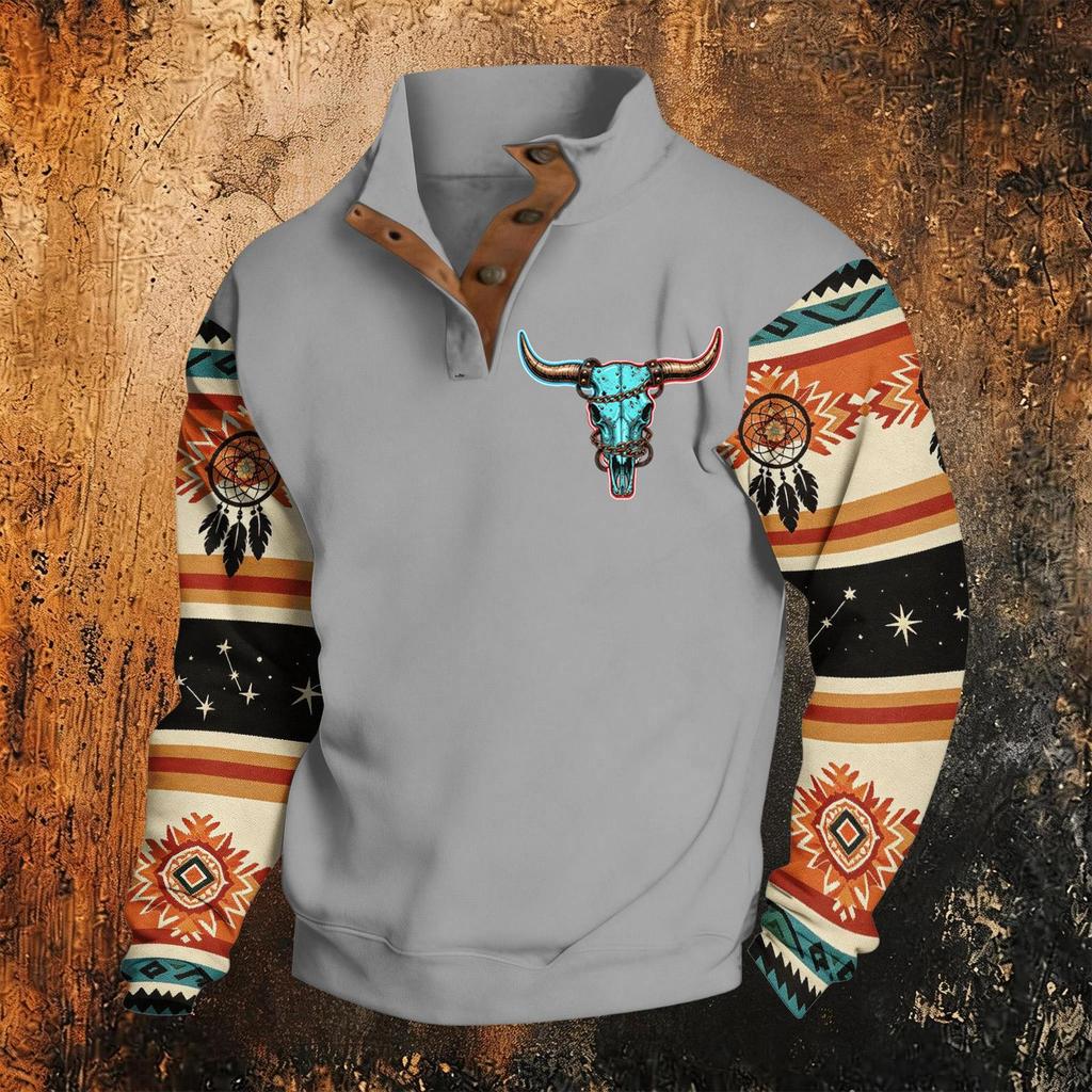 Men's Print Hoodie, Western Long Sleeve Pullover Sweatshirt with Pattern