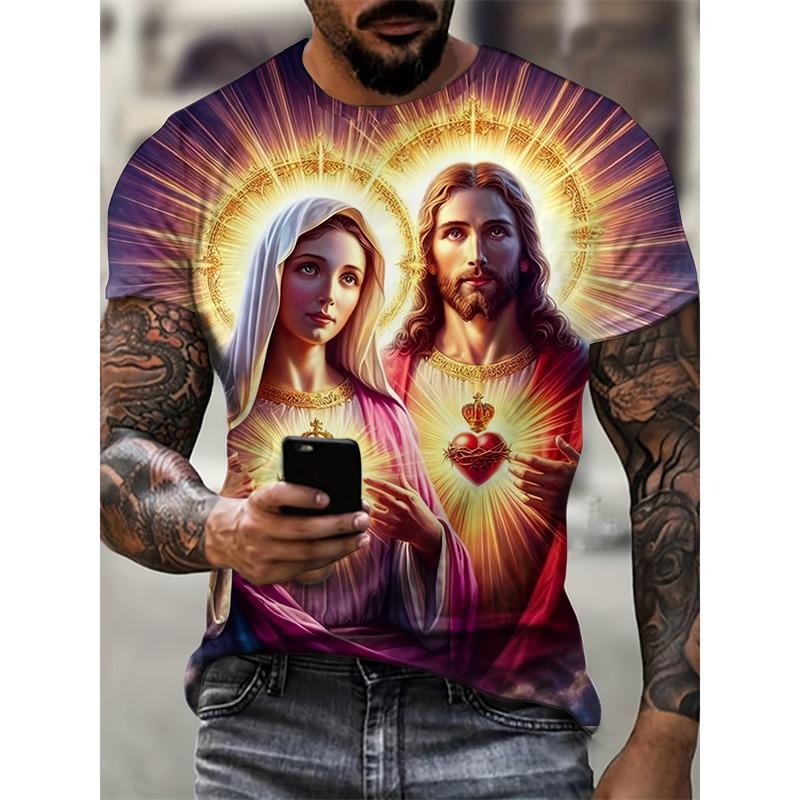 Ostern Jesus Christus Muster T-Shirt für Herren Heilige Mutter und Sohn 3D Druck Tees Sommer Kurzarm T-Shirts Rundhals Oberteil Streetwear