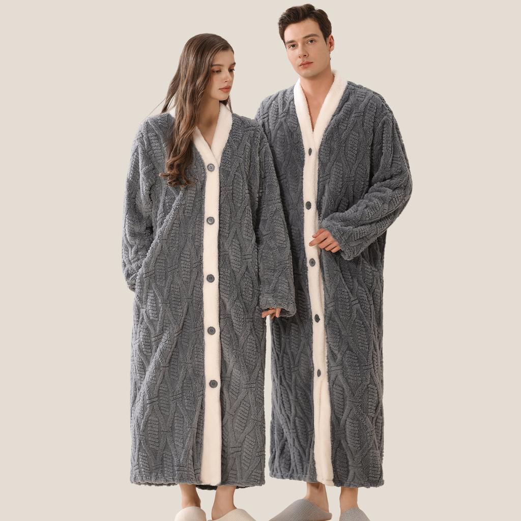 Men's Plush Bathrobe Button Up Long Housecoat Winter Warm SPA Fleece Duster Robe with Pocket Flannel Full Length Loose Fit Nightgown Sleepwear for Men