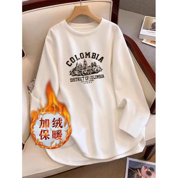 Women's Round Neck Long Sleeve T Shirt Loose Fit Letter Print Mid Length Dralon Base Layer Top Plus Size Korean Casual Inner Wear