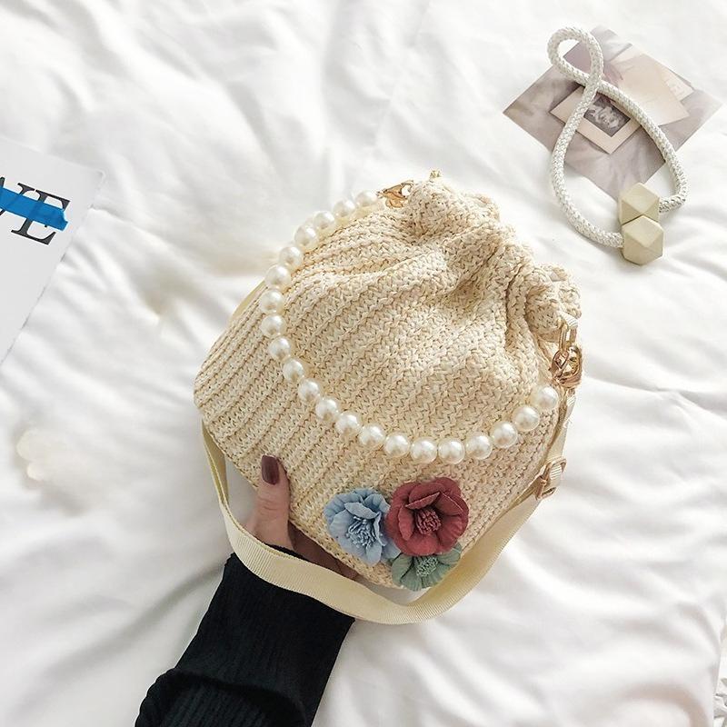 Mała Świeża Kwiatowa Tkana Torba Perłowy Łańcuszek Tote Holiday Wind Plażowa Crossbody Wiaderko
