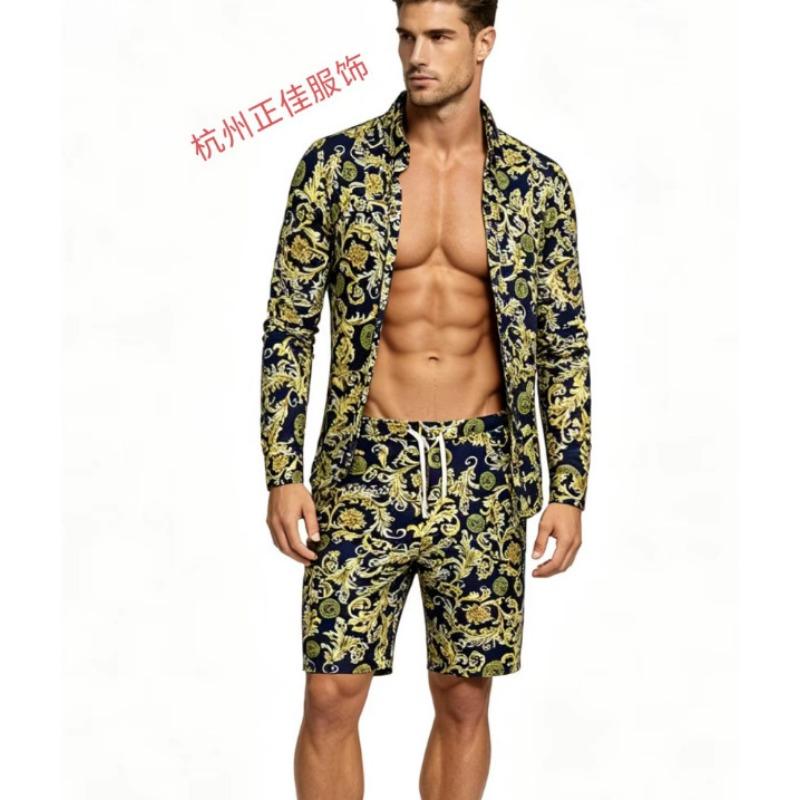 Mens 2 Piece Baroque Print Long Sleeve Shirt And Shorts Set