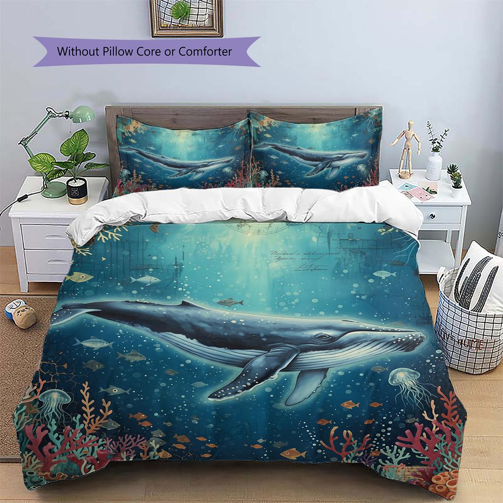 Sea Fish Ink Painting Pattern Bedding Home Decoration Birthday Gift (1 * duvet cover + 2 * pillowcase, without core)