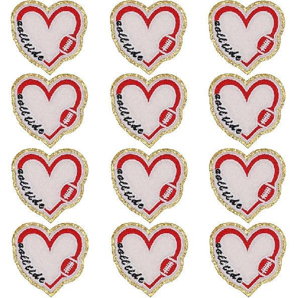 12pcs Heart Football Iron on Patches Embroidered Motif Applique Deco Sew on Patches Gold Edges Chenille Love Shape Rugby Embroidered Patches for