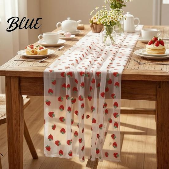 Anniversary Table Runner Soft Polyester Cherry Lemon Runner Strawberry Sheer Tulle Pattern Summer Overlay Seasonal