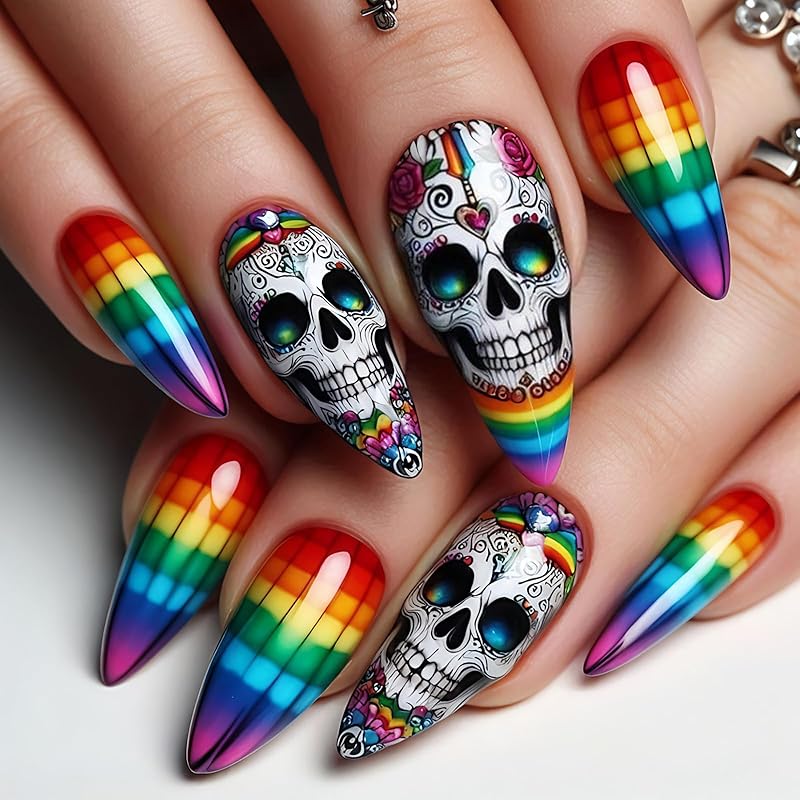 Halloween Ghost Press on Nails,Medium Almond Fake Nails,Halloween Ghost Bat Pumpkin Designs False Nails,Gold Glitter Press on Nails,Stick on Nails H101