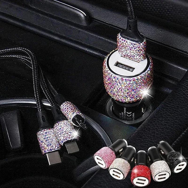 Dual USB Car Charger For Mobile Phone Tablet GPS Fast Charger Crystal Diamond Phone 3 Data Line Wire in Cigarette Lighter Amagi