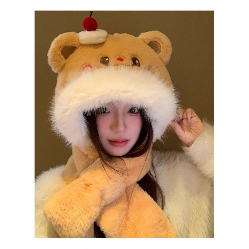 

Cute wind cake bear plush winter hat scarf integrated two-piece set showing face small warm ear protector Lei Feng hat One size fits all