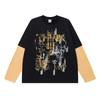 American Retro Damaged Letter Printing Fake Two-piece Long-sleeved T-shirt Men's and Women's Contrasting Color Splicing Street Casual Top