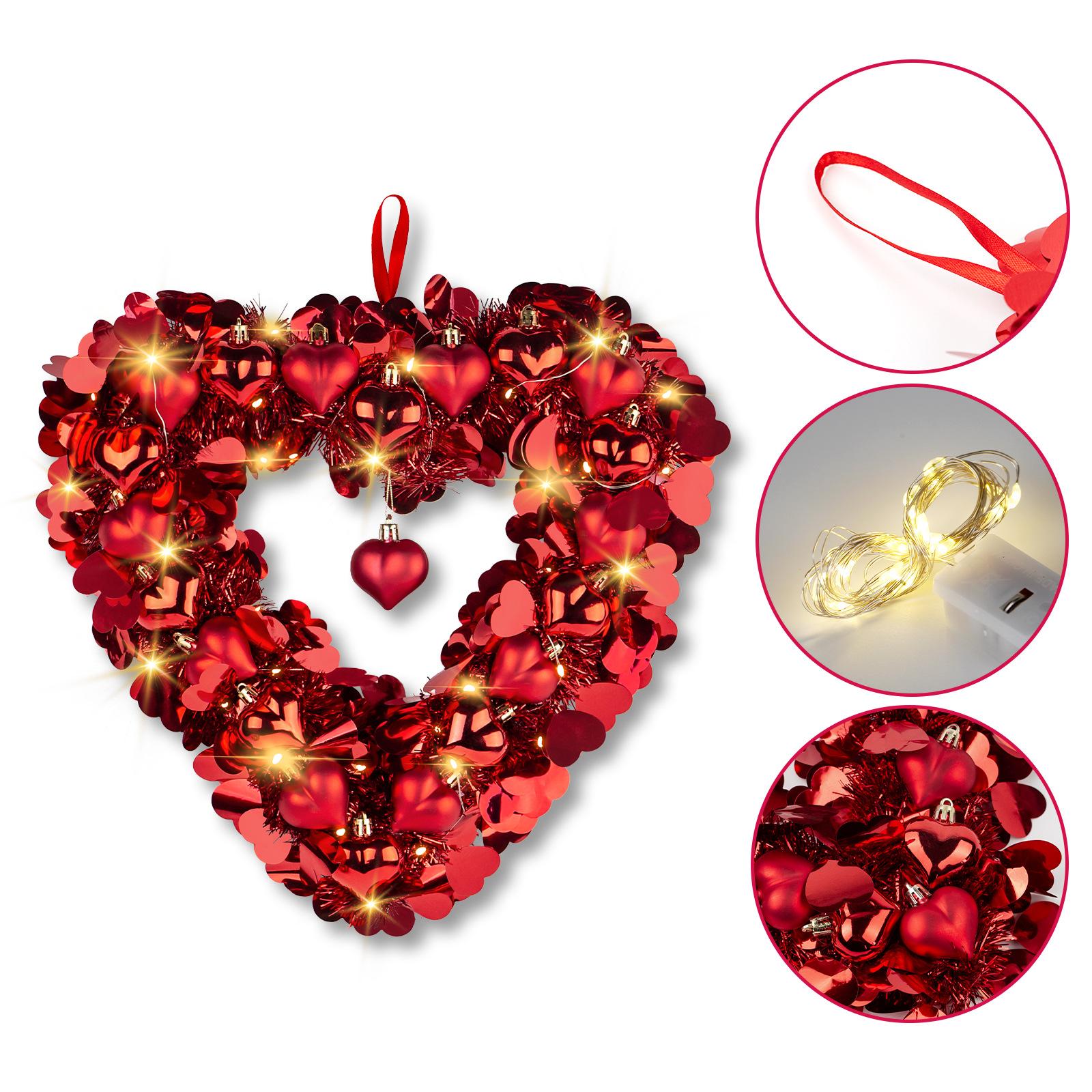 Valentines Day Wreaths for Front Door,14-Inch Valentine s Day Wreath with Lights,Heart Design with Heart-Shaped Ornaments