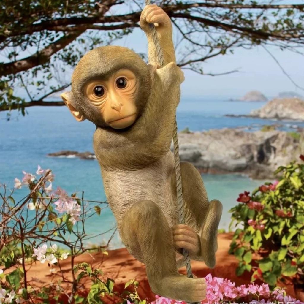 Resin Hanging Monkey with Rope Showpiece for Home Decor - Brown