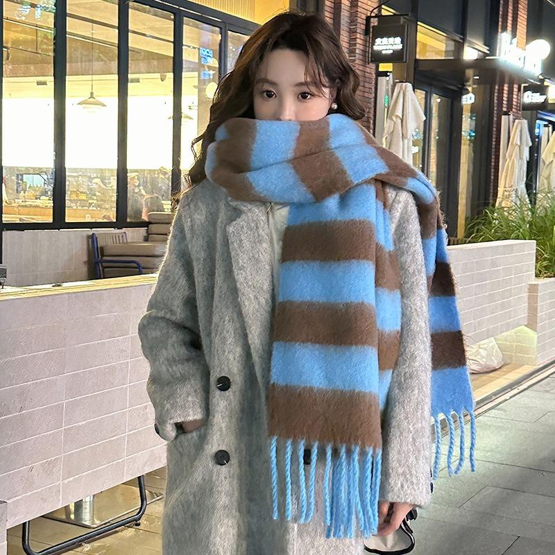 Blue Striped Scarf Women's Winter High-end Shawl Thickened Warm Wool Scarf
