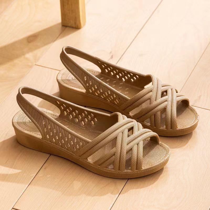 Summer Women's Slip-On Hollow Out Sandals Soft Sole Non Slip Wedges Fish Mouth Sandals Outdoor  Beach Sandals Mom Sandals